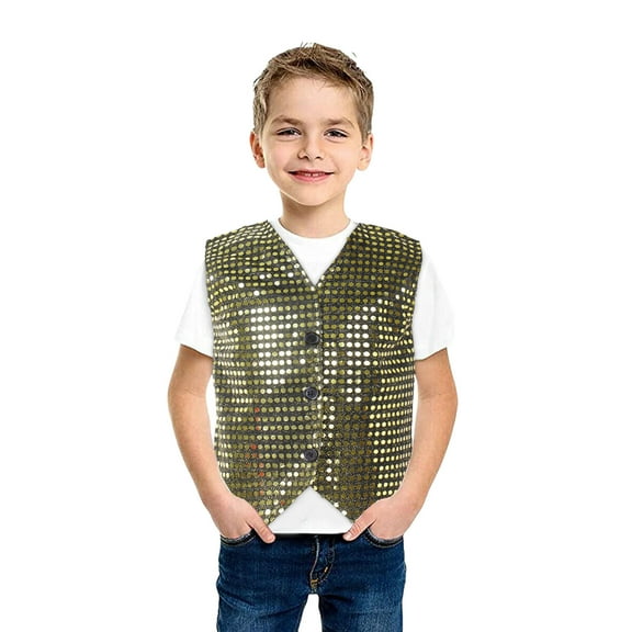 Kids Sequin Vest Sleeveless Glitter Waistcoat For Boys Girls Shiny Button Front Stage Dance Party Top Valentines Day Carnival Graduation Birthday Festival Outfit 1-12Y #01 Gold,100=18-24M