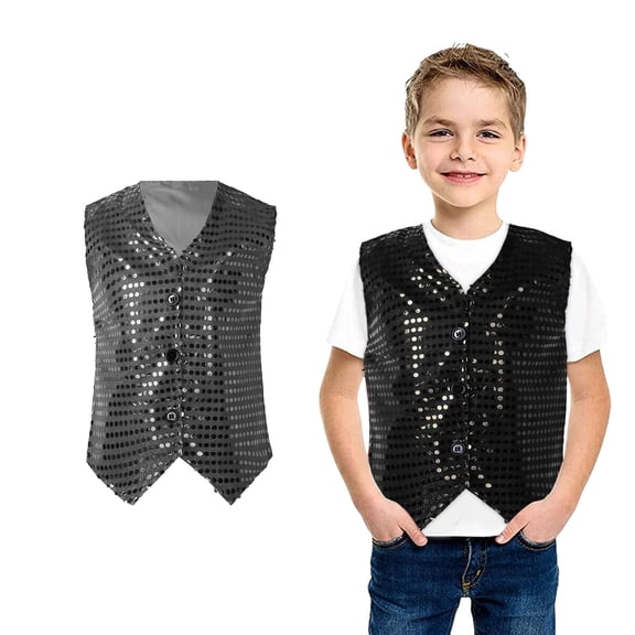Kids Sequin Vest Sparkle Sequins Sleeveless Button Jacket Black Vest Kids Party Carnival Gown Outfit Size 4-5 Years