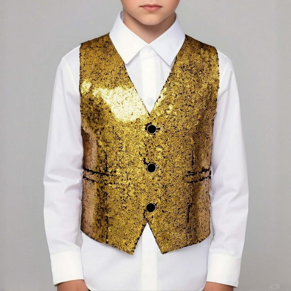 Kids Sequin Vest for Kids Shiny Vest Kids Sleeveless V Neckline Gold Vest Hop Jazz Dance Party Stage Performance 9-10 Years