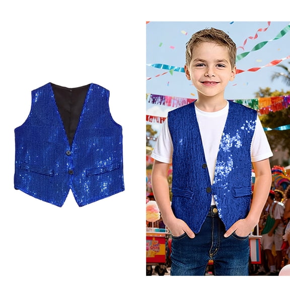Kids Sequin Vest for Kids Sleeveless V Neckline BlueVest Shiny Vest Kids Jazz Hop Disco Party Waistcoat Stage Performance Wear 6-10 Years