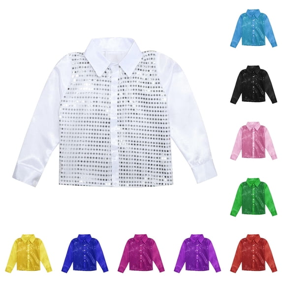 Kids Sequined Dance Performance Shirt - Sparkly Long Sleeve Button Down Top for Jazz Dance Choir Stage