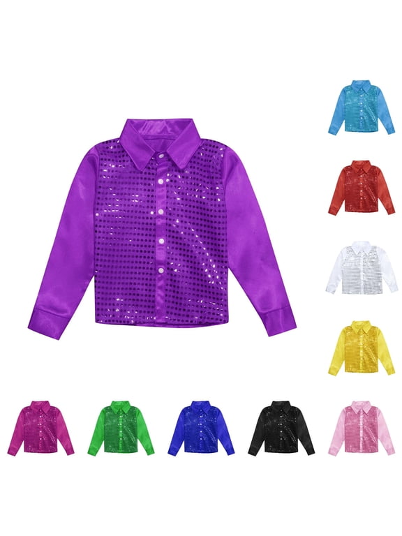 Kids Sequined Dance Performance Shirt - Sparkly Long Sleeve Button Down Top for Jazz Dance Choir Stage