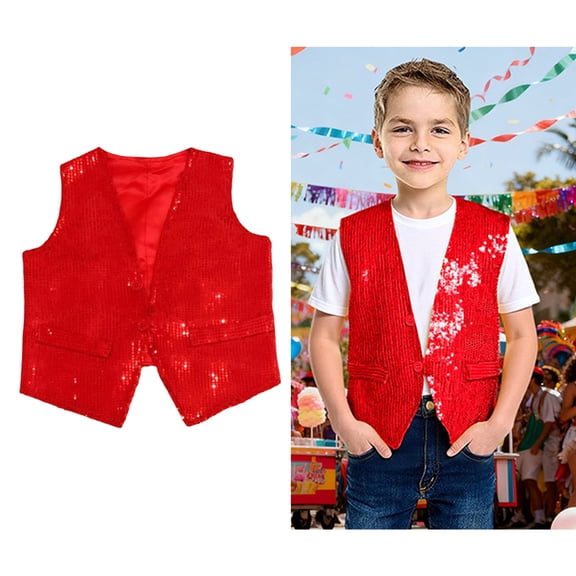 Kids Sequins Vest Sleeveless Red Vest Sparkly Vest Jazz Hip Hop Disco Party Dance Performance 6-10 Years