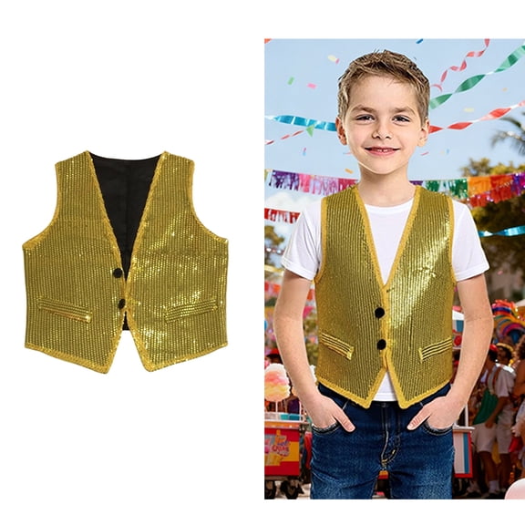 Kids Sequins Vest Sleeveless V Neckline GoldVest Shiny Vest Kids Hop Jazz Modern Dance Performance Party 6-10 Years