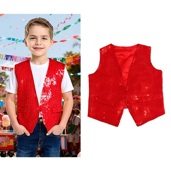 Kids Sequins Vest Sleeveless V Neckline RedVest Sparkly Vest Hop Jazz Modern Dance Shirts Outerwear 6-10 Years