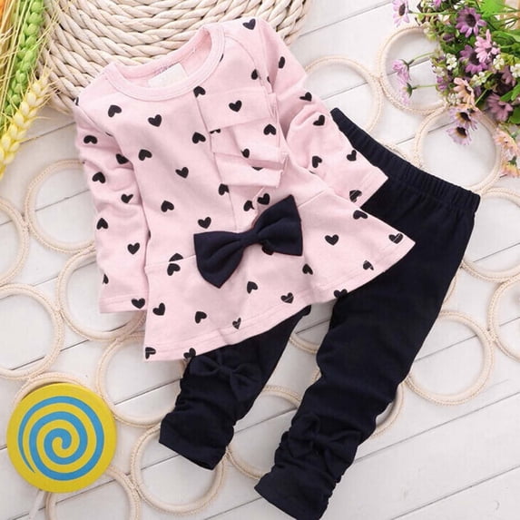 Kids Sets Clothes Girls Comfort Bow Pants Short Sleeve Pink Outfits Set Size 5-6years