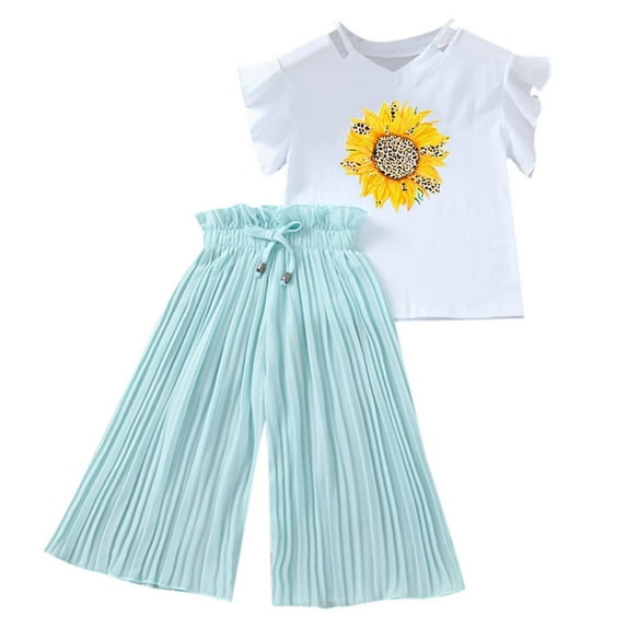 Kids Sets Clothing For Girls Toddler Sunflower T Shirt Tops Chiffon Ruched Loose Pants Set Girls Clothing Summer 2PC Outfits Green,6-7 Years