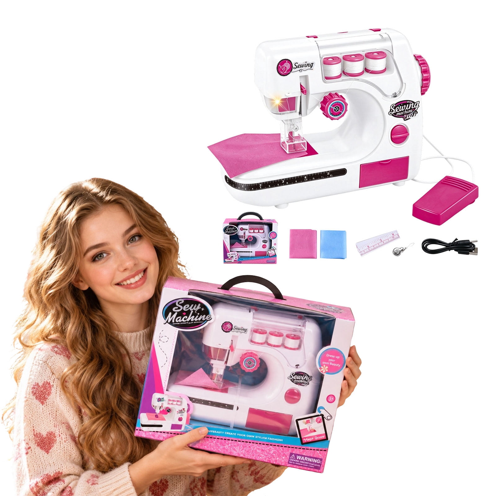 Kids Sewing Machine Toy, Creative Pretend Play Kit with Visible Stitch ...