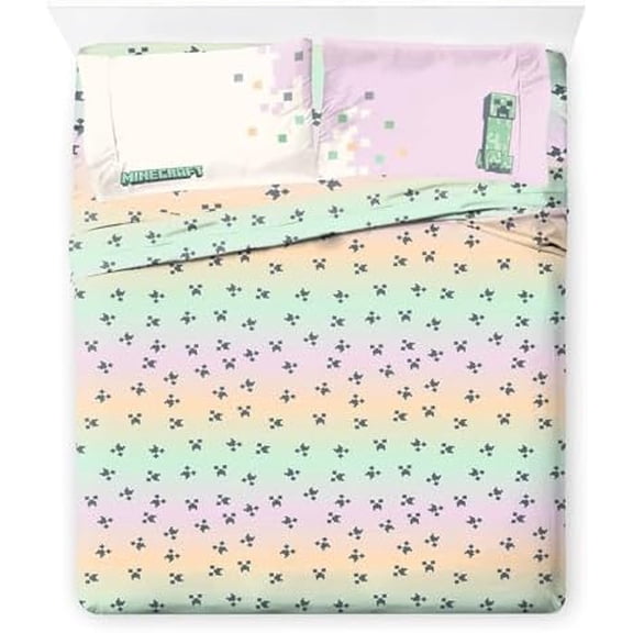 Kids Sheet Cartoon Set with Fitted, Flat Sheets & Pillow Cover - Ultra-Soft Bedding with Pillowcase for Room Decor, Pink - Minecraft, 4 Piece Full