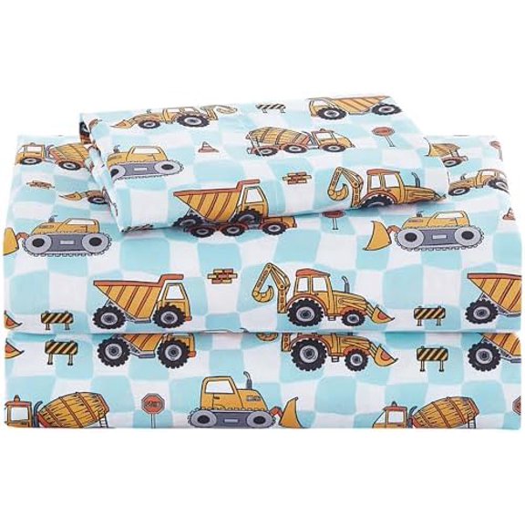 Kids Sheet Set Twin Size, Twin Sheet Set with Grid Excavator Pattern,Breathable Silky Soft Microfiber Kids Fitted Sheet
