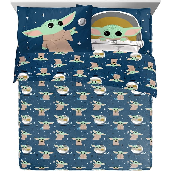 Kids Sheet Set with Fitted, Flat Sheets & Pillow Cover - Ultra-Soft Bedding with Pillowcase for Room Decor, Blue - Mandalorian, 4 Piece Queen