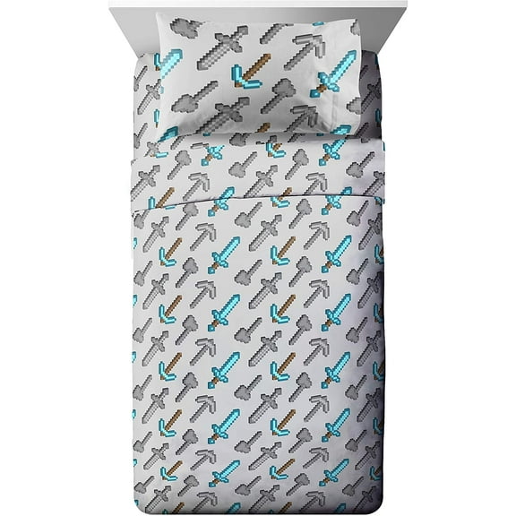 Kids Sheet Set with Fitted, Flat Sheets & Pillow Cover - Ultra-Soft Bedding with Pillowcase for Room Decor, Multi - Minecraft, 4 Piece Full