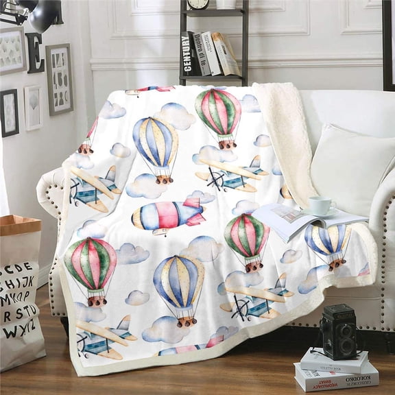 Kids Sherpa Blanket Aircraft Hot Air Balloon flannel Throw Blanket Cartoon Airplane Plush Fuzzy Blanket for Sofa Bed Couch 30" x 40"