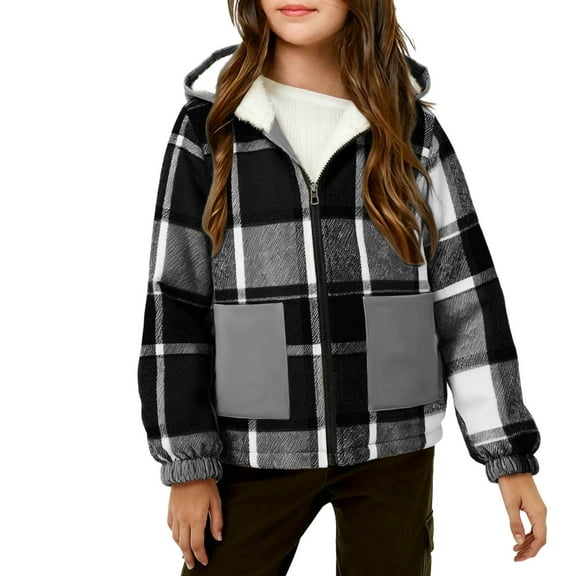 Kids Sherpa Fleece Lined Hoodie Jacket Boys Girls Zip-Up Hooded Plaid Jackets Fall Winter Coat Outerwear with Pockets