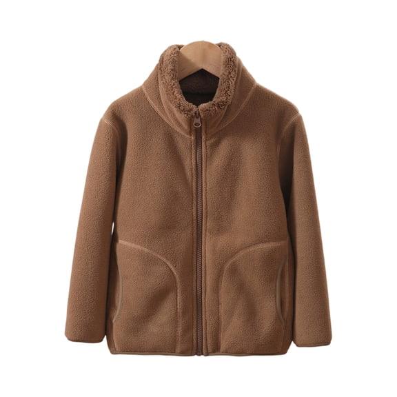 Kids Sherpa Jacket Fuzzy Fleece Coat with Stand Collar Soft Plush Outerwear for Toddler Boys Girls Coffee 130