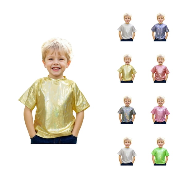 Kids Shiny Metallic T Shirts Jazz Hop Dance Tops Short Sleeve Crewneck Tees Boys Girls Holographic T-Shirts 3-18 Years