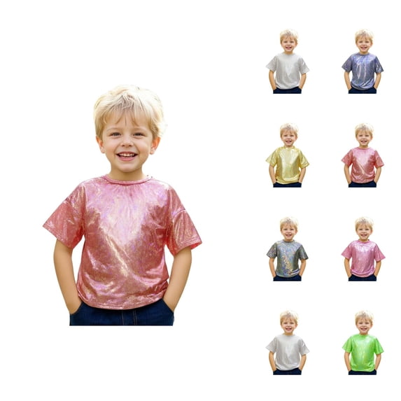 Kids Shiny Metallic T Shirts Jazz Hop Dance Tops Short Sleeve Crewneck Tees Boys Girls Holographic T-Shirts 3-18 Years