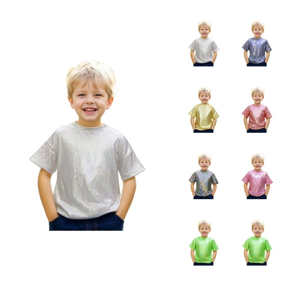 Kids Shiny Metallic T Shirts Jazz Hop Dance Tops Short Sleeve Crewneck Tees Boys Girls Holographic T-Shirts 3-18 Years
