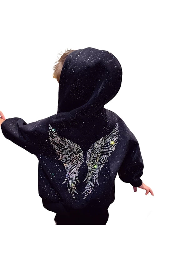 Kids Shiny Rhinestone Angel Wings Long Sleeve Hoodie Y2K Zipper Casual Hooded Sweatshirt Jacket Black 11 Y-13 Y