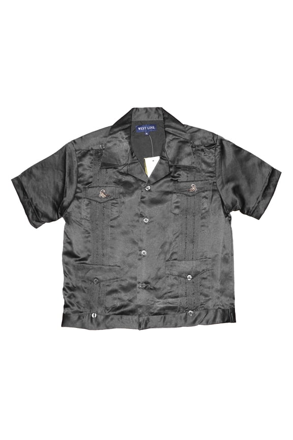 Kids Shirt Button Up Collared Guayabera Casual Short Sleeve Scorpion T-Shirt, Black, S