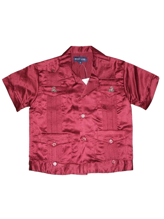 Kids Shirt Button Up Collared Guayabera Casual Short Sleeve Scorpion T-Shirt, Burgundy, XXS