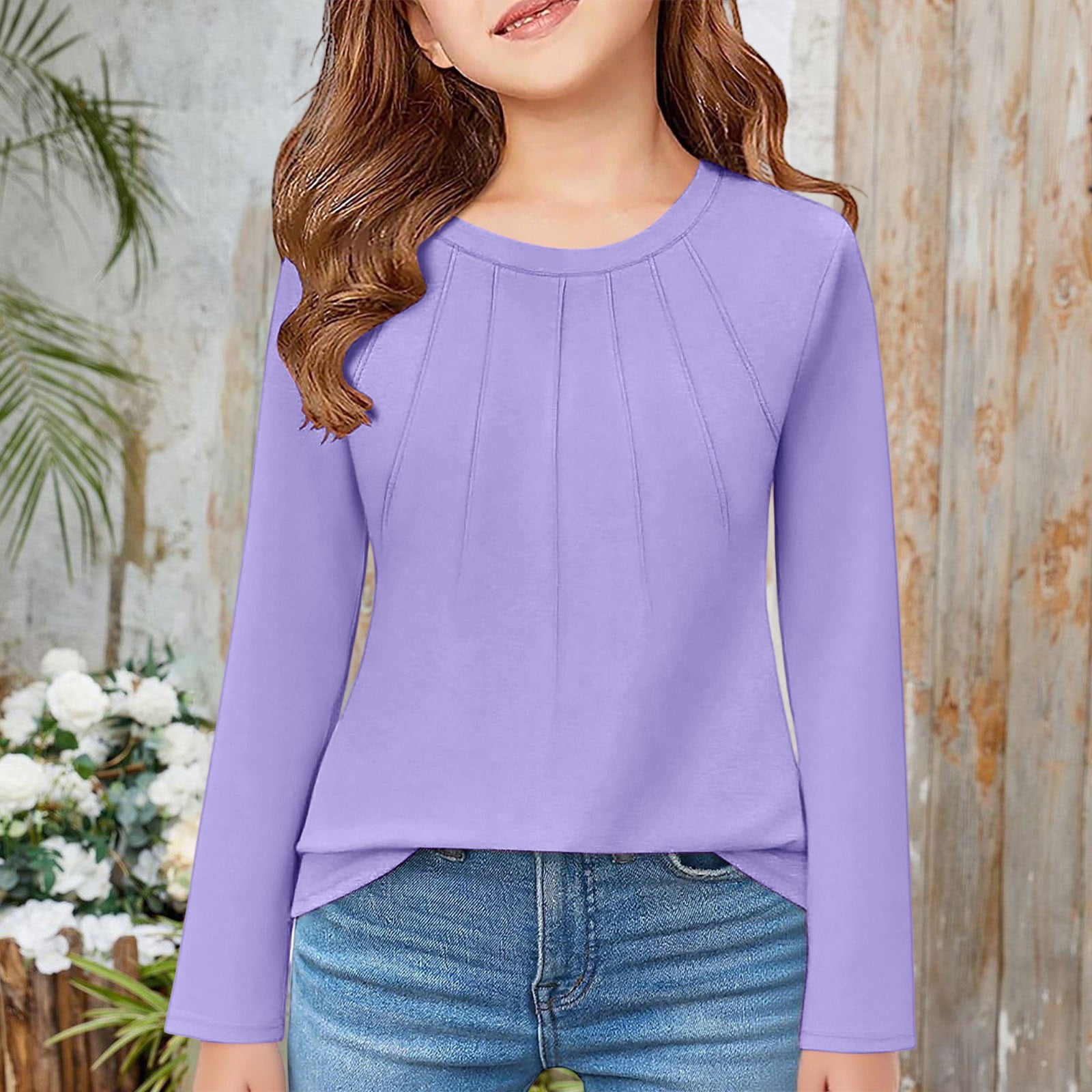 Kids Shirt For Boys Solid color Purple Long Sleeve Tees For Crewneck Top Tees Shirts Cotton Kids Sweatshirt Teen Girls Clothes 6-7 Years