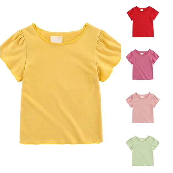 Kids Shirt Short Sleeve Crew Neck Girls Yellow Shirt Soft Casual Girls Tshirt Size 5-6 Years