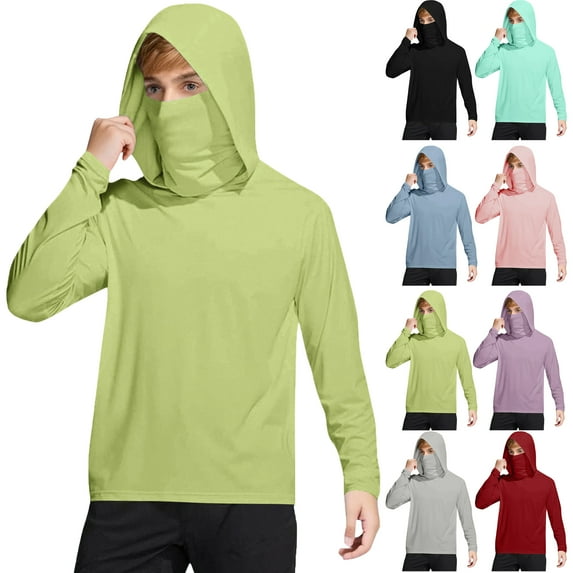 Kids Shirts for 4-15 Years Unisex Long Sleeve Hooded Solid Color T-Shirt Children's Summer Outdoor Breathable Sports Tops With Sun Protection Mask 50+ Sun Protection Tops For Kids Green