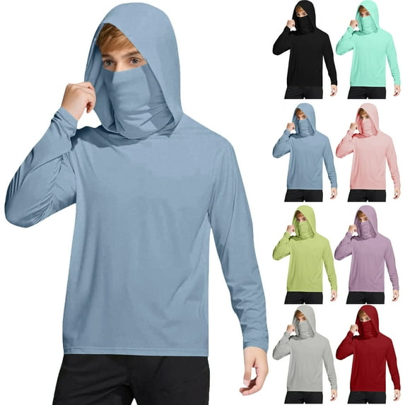 Kids Shirts for 4-15 Years Unisex Long Sleeve Hooded Solid Color T-Shirt Children's Summer Outdoor Breathable Sports Tops With Sun Protection Mask 50+ Sun Protection Tops For Kids Blue