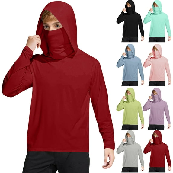 Kids Shirts for 4-15 Years Unisex Long Sleeve Hooded Solid Color T-Shirt Children's Summer Outdoor Breathable Sports Tops With Sun Protection Mask 50+ Sun Protection Tops For Kids Red