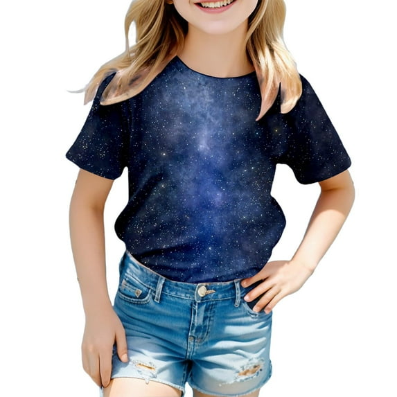 Kids Shirts Girls Round Neck Short Sleeve T Shirts 3D Print Glitter Tops Cool Pullover Tops T-Shirts Infant To Big Kid Purple,6-7 Years