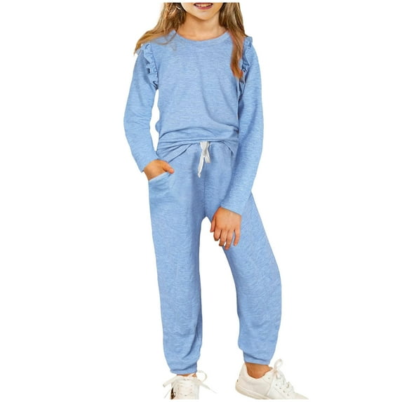 Kids Shirts Suits Girls Boys Fall Crewneck Long Sleeve Blouses and Solid Color Elastic Cuff Ankle Long Pants Thin Base Loungewear Sport Sportswear Set