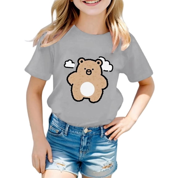 Kids Shirts for Girls Grey Printed Short Sleeve Shirts for Girls Loose Soft Summer Tops for Teens Girl Shirts 4-5 Years