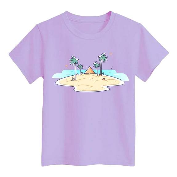 Kids Shirts for Girls Purple Printed Short Sleeve Shirt for Girls Round Neck Summer Clothing 6-7 Years Clothes for Girls