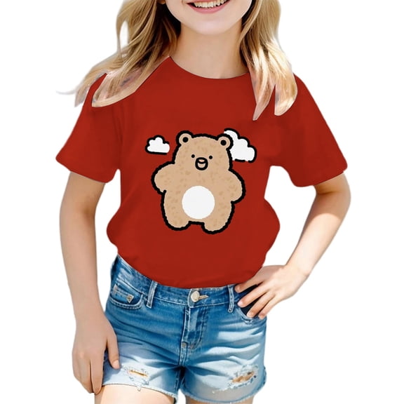 Kids Shirts for Girls Red Printed Short Sleeve Shirt for Girls Round Neck Little Girls Summer Clothes Girls 3-4 Years Clothes Trendy