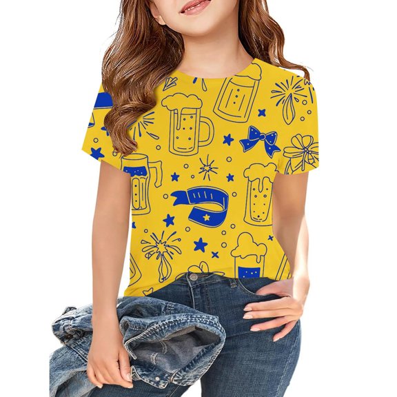 Kids Shirts for Girls Yellow Printed Short Sleeve Shirts for Girls Round Neck Summer Outfits for Girls Cute Outfits for Girls 3-4 Years
