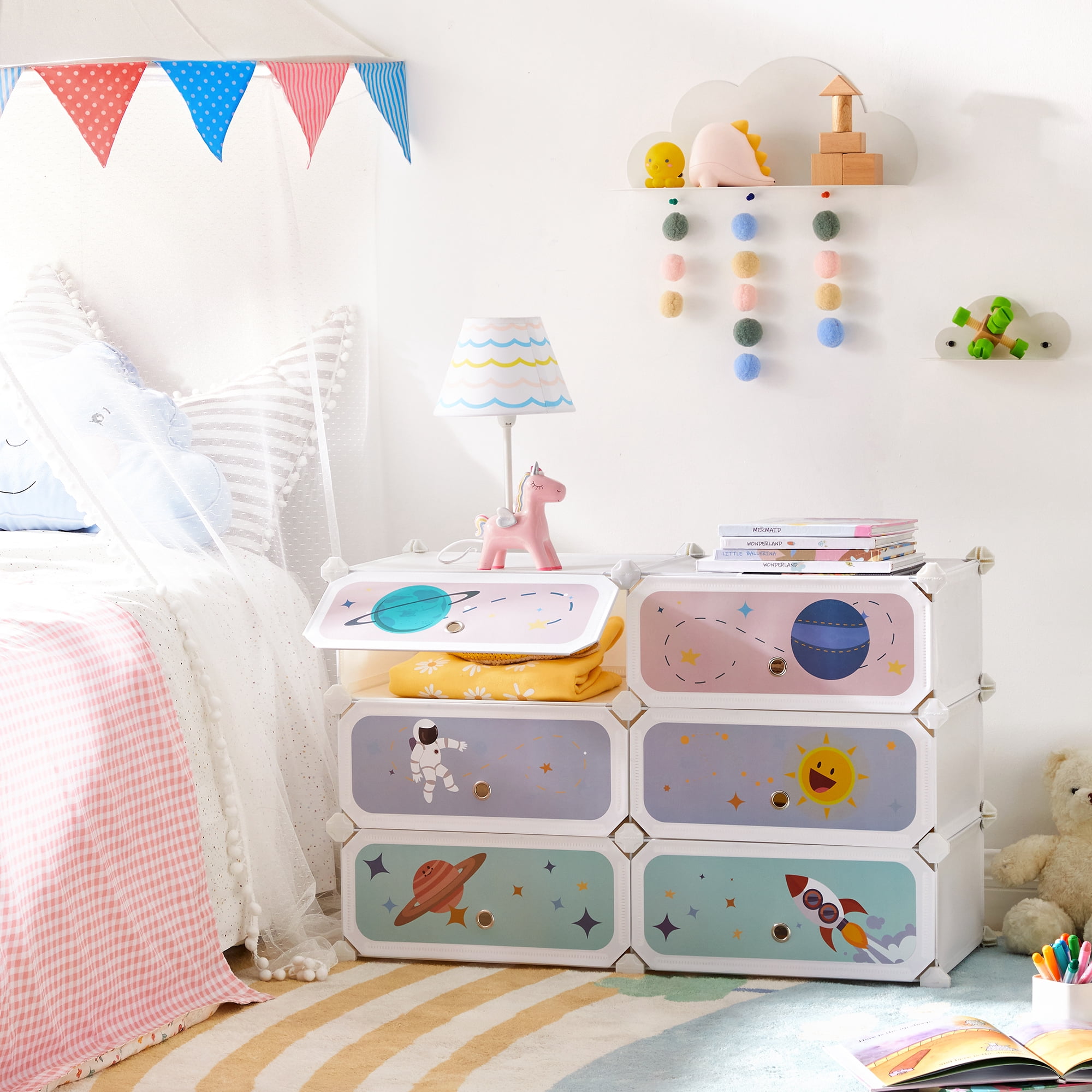 SONGMICS Kids' Shoe Rack with Doors, 6-Slot Stackable Storage Organizer, Plastic Wardrobe, Toys, Books, Clothes, 12.2 x 16.9 x 41.3 Inches, Cloud White