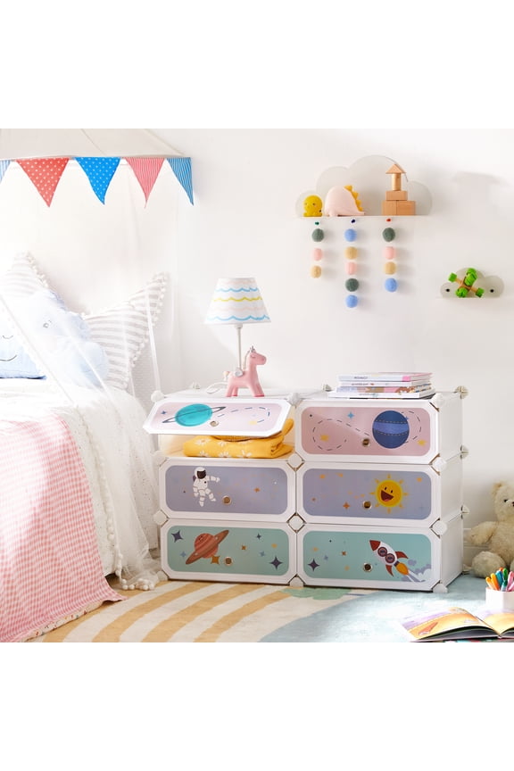 SONGMICS Kids' Shoe Rack with Doors, 6-Slot Stackable Storage Organizer, Plastic Wardrobe, Toys, Books, Clothes, 12.2 x 16.9 x 41.3 Inches, Cloud White