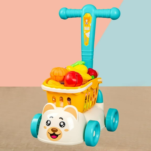 Kids Shopping Cart with Cutting Play Food Set for Kids Kitchen, 2 in 1 Shopping Cart for Kids Grocery Store Pretend Play Kitchen Accessories Sorting Food Bucket Learning Toys Gift for Toddler 3-5