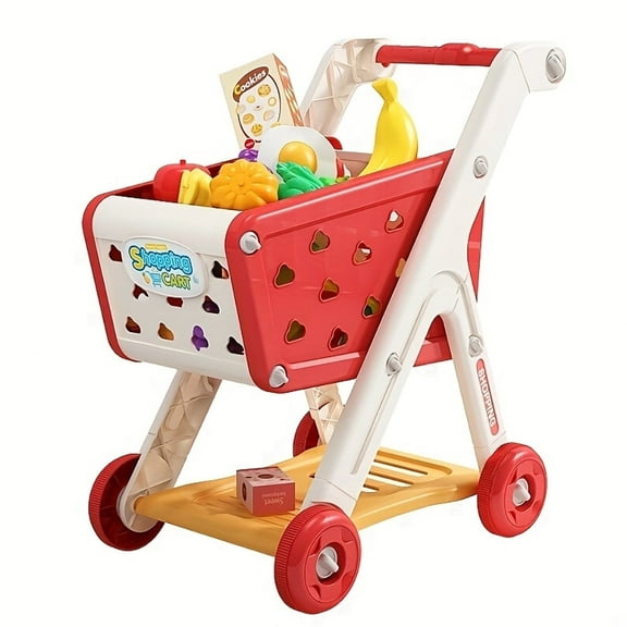 Kids Shopping Cart Trolley Play Set with Pretend Food and Accessories,Perfect for Ages 3+ Pretend Play and Role-Playing Games(Red)