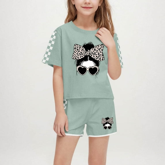 Kids Short Outfit Sets Clearance Cartoon Graphic & Checkered Sleeve, Breathable Summer 2-Piece Shorts and Top Sizes 5-14Years, Army Green