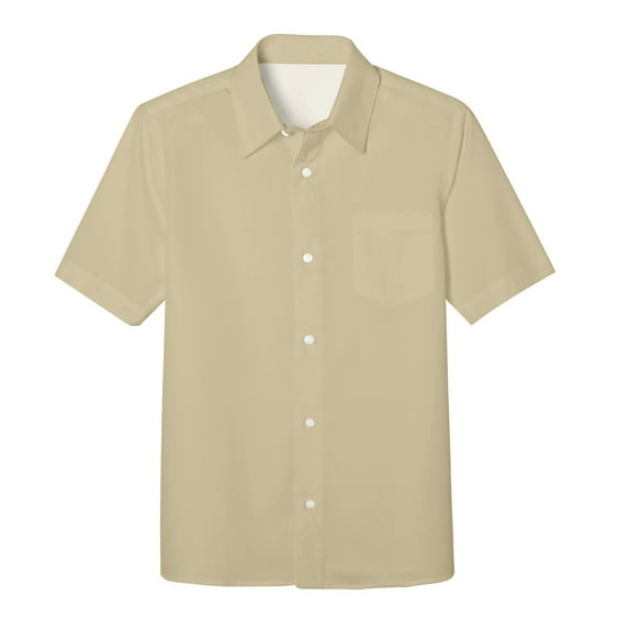 Kids' Short Sleeve Button-Down Shirt - Solid Color with Chest Pocket, Summer Casual & Beach Wear,Color:5 Khaki,Size:7-8 Years
