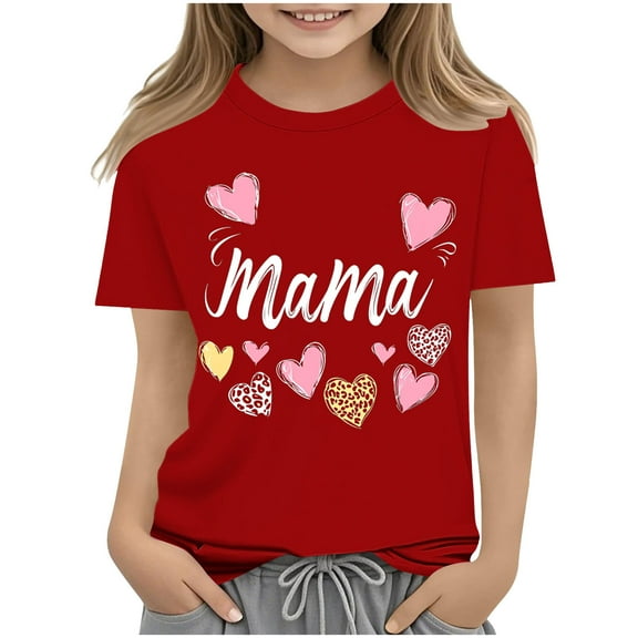 Kids Short Sleeve Casual T-Shirts Girls Letter Graphic Tees Crew Neck Cotton Tshirts Festival Mothers Day Outfits Red, 3-4 Years