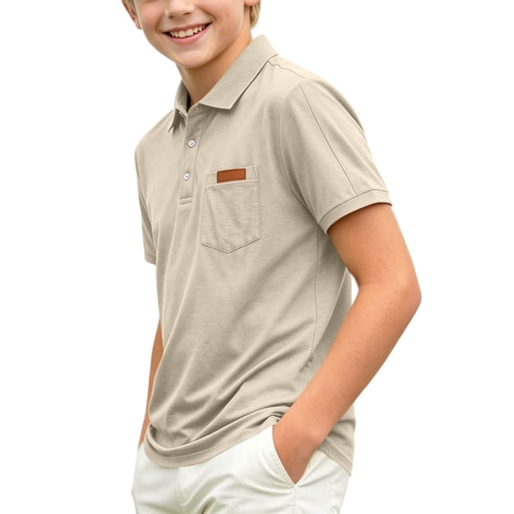Kids' Short Sleeve Collared Polo Shirt, Pocket Detail Preppy School Uniform Top, Ideal for Field Trips and Class Presentations, 2-15 Years Khaki 11-12 Years
