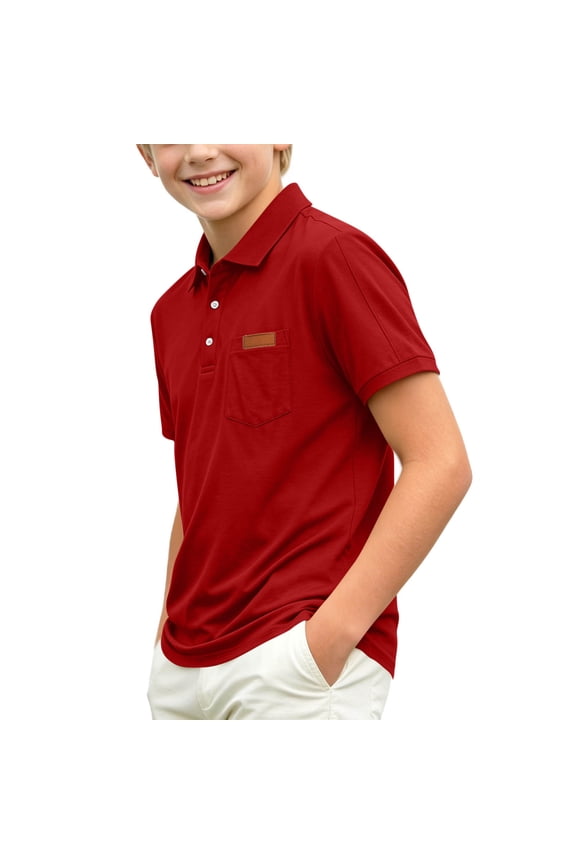 Kids' Short Sleeve Collared Polo Shirt, Pocket Detail Preppy School Uniform Top, Ideal for Field Trips and Class Presentations, 2-15 Years Red 9-10 Years
