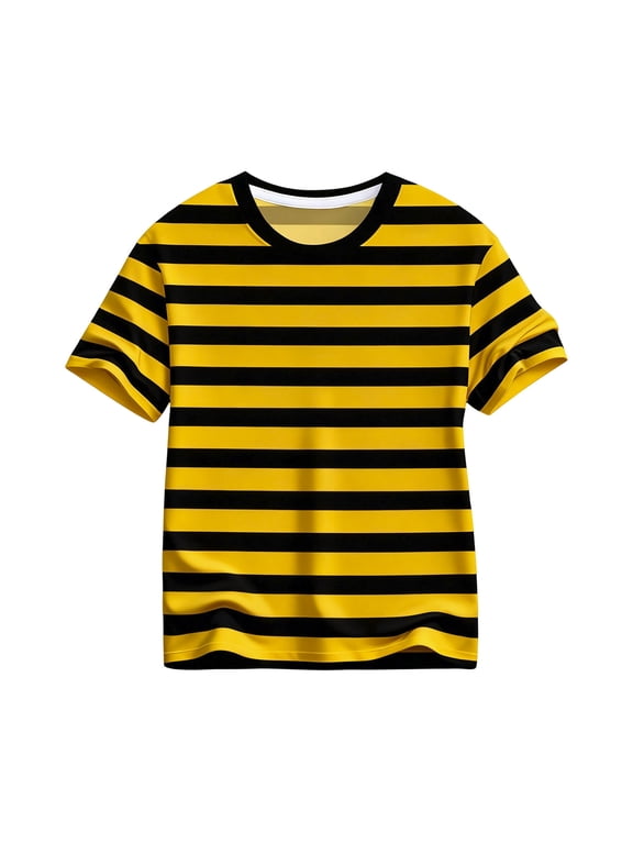 Short Sleeve Crew Neck T-Shirt Bold Black and Yellow Stripe Casual Top