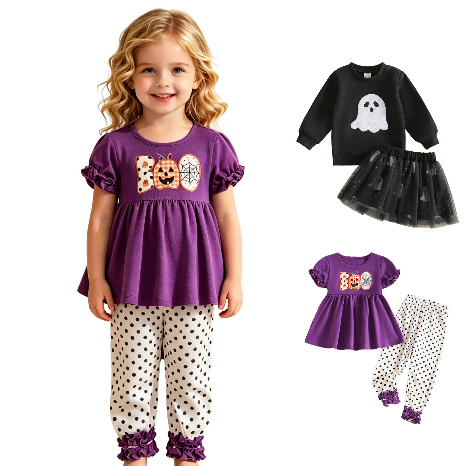 Kids Short Sleeve Cute Print Top and Pants Two Piece Set Halloween Party Clothes Girls Halloween Outfit Size 0-4 Years