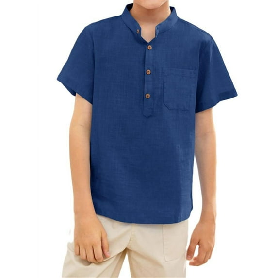 Kids Short Sleeve Henley Blouse Children Boy Solid Button Tops With Pocket