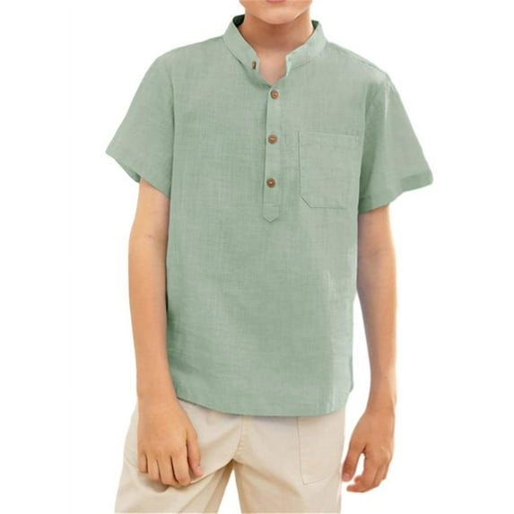Kids Short Sleeve Henley Blouse Children Boy Solid Button Tops With Pocket