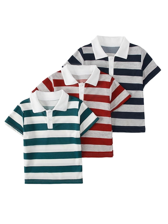 Kids Short Sleeve Polos Shirts (Pack of 3), Boys Girls Summer Clothes Classic Stripe Printed School Uniform Casual Soft Breathable Cotton Tops Sports Polos Tees Shirt, 3-12 Years